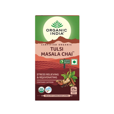 A TATA Product - Organic India Tulsi Masala Chai, 25 Tea Bags, Stress Relieving*, Refreshing And Relaxing, 100% Whole Herb Power*, Certified Organic, Unbleached Filter Paper Tea Bags